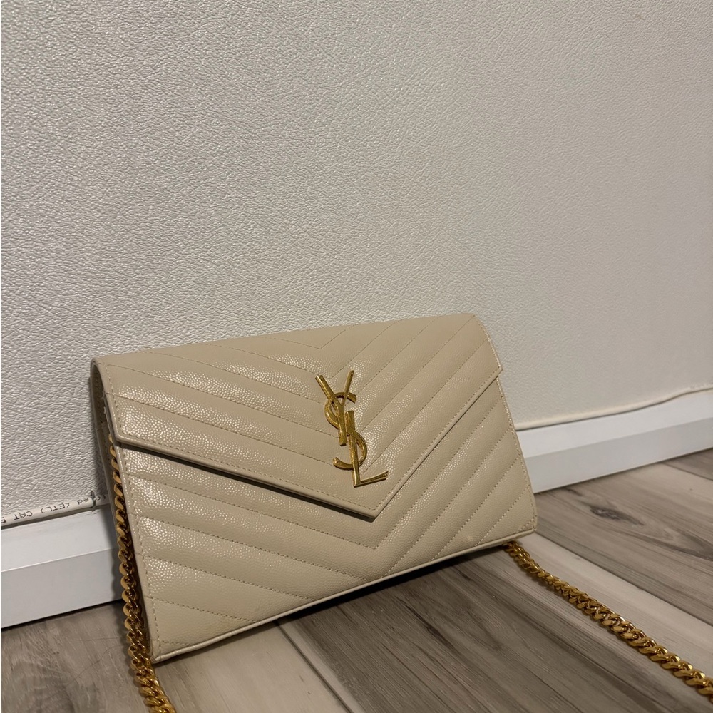 Yves Saint Laurent Beige Quilted Clutch with Gold Chain